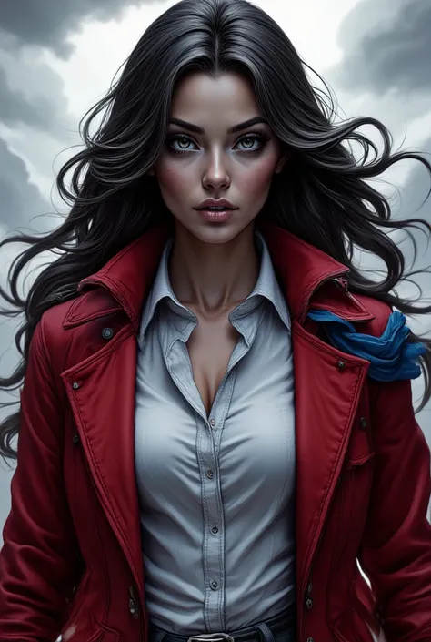 (black and white art: 1.5) mostly black and white, , a picture of a beautiful woman, long hair hair, blue eyes, wearing red trench coat, wearing a skirt, wearing white button shirt, wearing a blue scarf, it is cloudy day (only colors are the coat and the e...