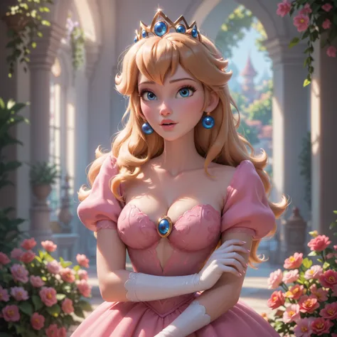 A Disney & Pixar 3D rendered scene featuring Princess Peach, nude, sexy boobs out, naked, deep cleavage, sexy legs, legs revealed, thighs revealed, nude boobs, sexy pose, crafted with a magical and imaginative Disney/Pixar-inspired aesthetic