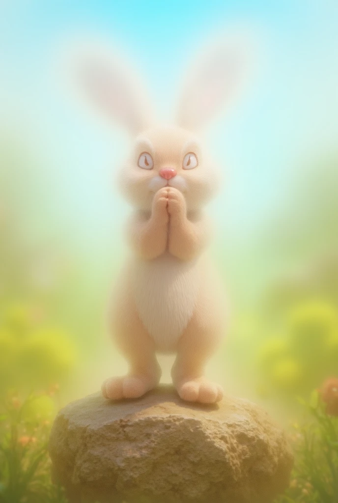 A clever rabbit standing on a rock, looking mischievous and thoughtful, planning a new trick. 3D cartoon style