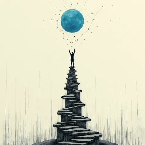 "A surrealist mixed media illustration. In the foreground, a towering, faceless human figure is drawn in stark black ink, its body segmented and hollow, as if made of puzzle pieces. The figure reaches out toward a floating, textured blue orb that radiates ...