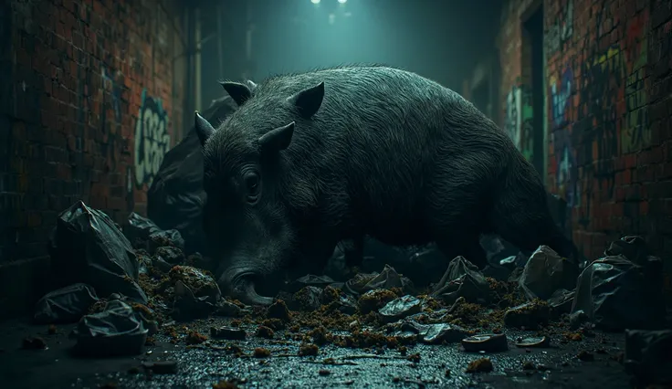 HYPER-REALISTIC, PHOTO, REALISM, CINEMATOGRAPHY, 8K, EXTREME DETAIL
In the heart of a gritty urban alley, a wild boar rummages through a heap of trash bags under the dim glow of a flickering streetlamp. Its massive, rugged frame is covered in coarse fur, t...