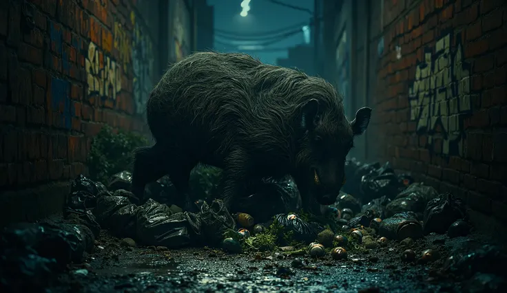 HYPER-REALISTIC, PHOTO, REALISM, CINEMATOGRAPHY, 8K, EXTREME DETAIL
In the heart of a gritty urban alley, a wild boar rummages through a heap of trash bags under the dim glow of a flickering streetlamp. Its massive, rugged frame is covered in coarse fur, t...