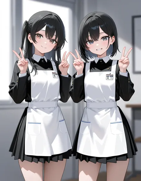 masterpiece,best quality , black hair , standing ,  separate uniform , double v , smile 