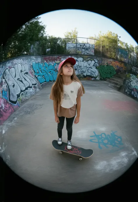  a girl looking up,by the ruby,cap,loose clothing,Urbano,Skatepark,graffiti,fish eye,Skate in the hand , bright eyes, seen from above ,rob 