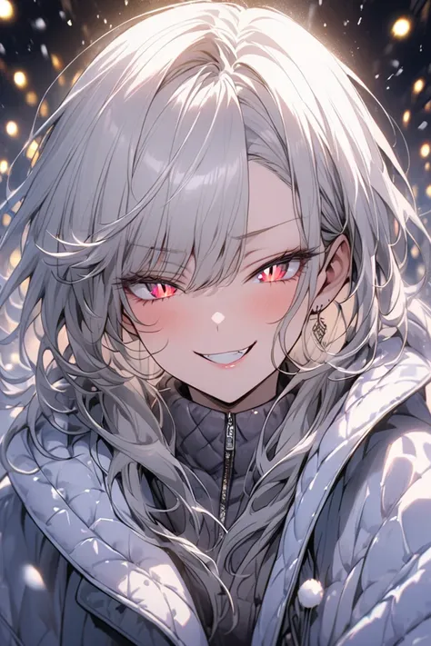 a woman, beautiful、Silver long hair, beauty、swept bangs、Crimson Eyes、slant eyes、Wide Eyes、 whole body、a woman gazing at illuminations, The woman is wearing warm coats, smug, admire the brilliance of the lights, The background features sparkling light and a...