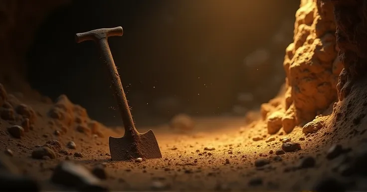 Create a Disney Pixar style medium shot of Gunther’s pickaxe abandoned in the dirt near the gold vein in a dimly lit underground mine. The subject is placed to the left of the frame and is partially covered by dust and dirt, with the gold vein faintly visi...