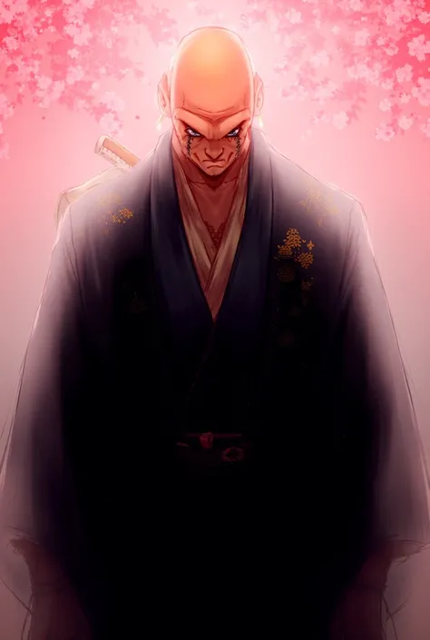 Saitama dressed in an elegant black kimono with dragon embroidery, standing under cherry blossoms. He has a katana resting on his shoulder and a calm yet intimidating expression, symbolizing the essence of a Japanese yakuza boss.