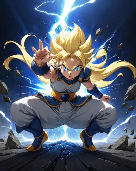 best quality, masterpiece, ultra-detailed, illustration, 1 girl, android, solo, Saiyan armor, sexy, sleek design, metallic silver, glowing energy aura, confident expression, intense eyes, long flowing hair, blonde hair, bangs swept to the side, Saiyan symb...