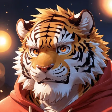 Human, Wildlife, male, , ((Round Face, The face is very round,Orange Eyes, has a thick beard)), ((Short and fat body,  Handsome)), (hoodie), ((domestic tiger, tiger)  furry fur,  furry), Bokeh, ( high quality ,  high-resolution , masterpiece), (Dynamic Lig...