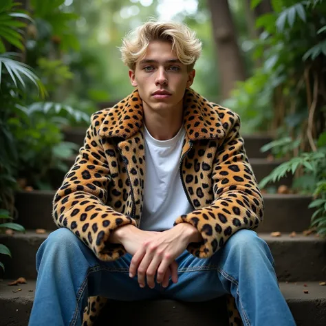  young guy  (blond) sits on the steps in a cheetah coat , white t-shirt and wide jeans ,  hands rest with wrists on their knees closer to the camera - camera shoots with perspective - front view - wild jungle background - close-up 