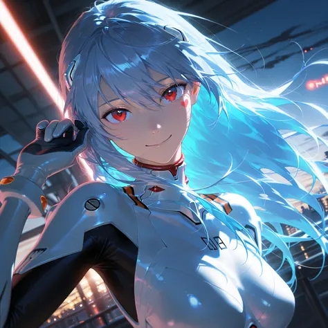 masterpiece,  top quality ,   Great Quality,  very aesthetic,  absurd,  up to date, scenery, Heart face mark 、V above the eyes、 is watching viewers、、 upper body、smile、、Raise your hand、fingertip、 Neon Genesis Evangelion 、Rei Ayanami、 blue hair、 long hair、 r...