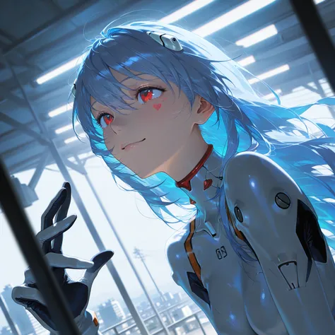 masterpiece,  top quality ,   Great Quality,  very aesthetic,  absurd,  up to date, scenery, Heart face mark 、V above the eyes、 is watching viewers、、 upper body、smile、、Raise your hand、fingertip、 Neon Genesis Evangelion 、Rei Ayanami、 blue hair、 long hair、 r...