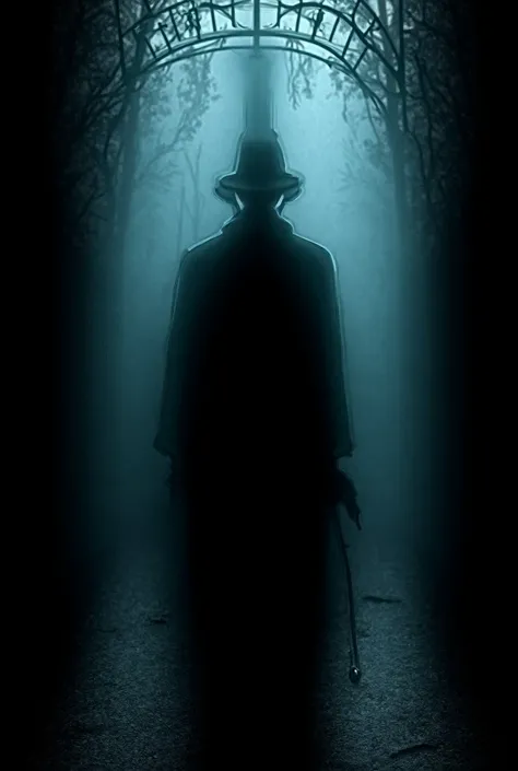  A man wearing a black overcoat , hat and cane standing in front of an iron gate of a cemetery at night