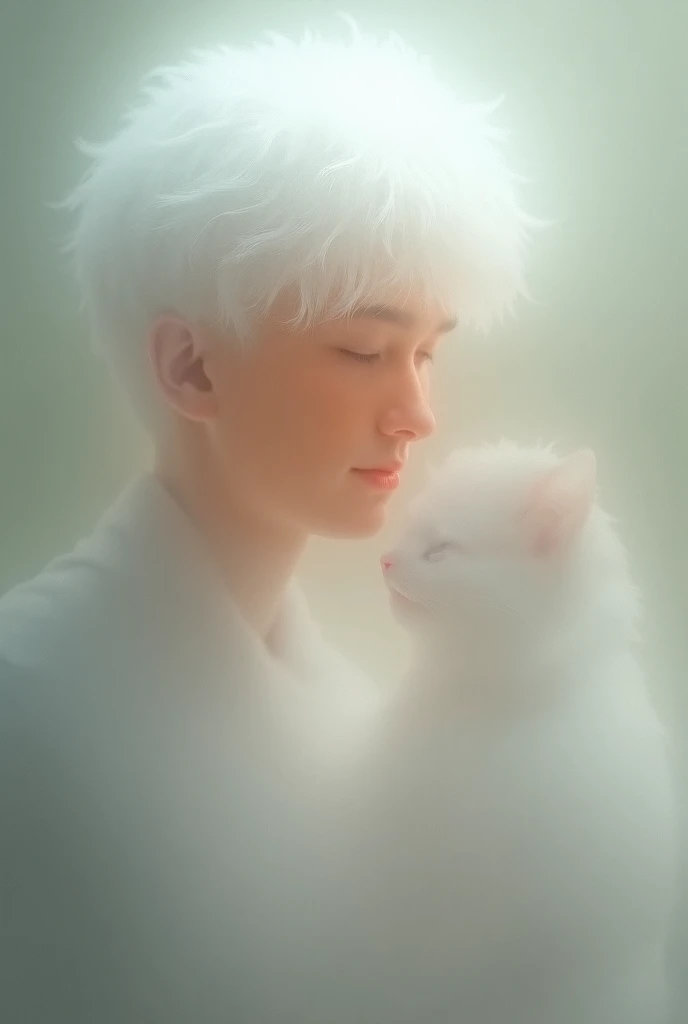 white-haired young man, cat