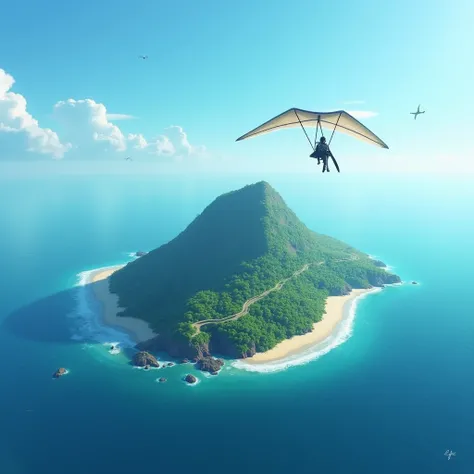  An island in the ocean and flying over it, a hang glider .