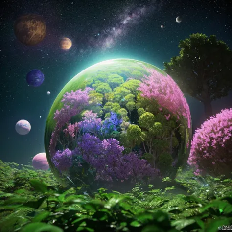 (((masterpiece))) ((( top quality)))  crystal ball , close-up of a   Planet with a bunch of trees on it, overgrown   Planet, green   Planet, Fractal World,   fantastic green world of flowers  , fantasy   Planet, Dyson sphere, pink   Planet,  3d rendering b...