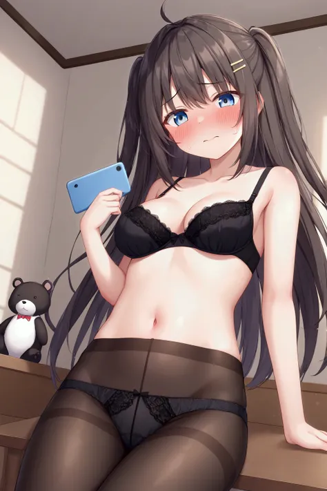  girl、 in underwear、 bra、 panties、 black pantyhose holding a puppy、 wariza、Embarrassed