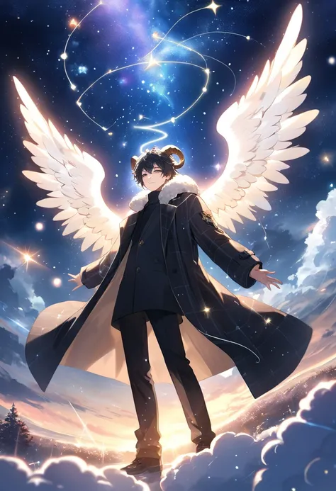 (masterpiece, best quality:1.1),An angel with sheeps horns. He wears a woolen coat and has angel wings on his back.The constellation Aries shines in the starry sky in the background. atmosphere is magical and exciting, with glowing lights and action effect...