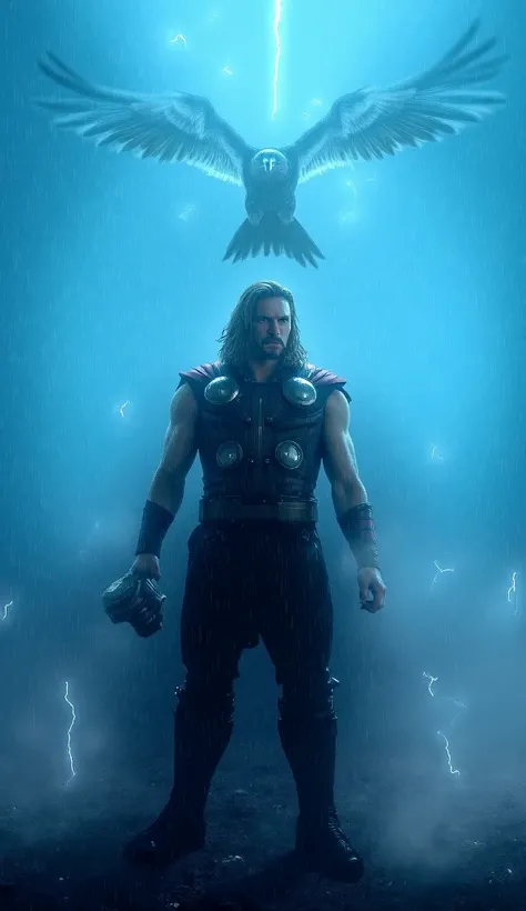 "Thor, wielding Mjolnir, stands amidst a raging thunderstorm as a falcon circles above him. The bird’s sleek feathers glisten in the rain, and bolts of lightning illuminate the powerful duo in a dramatic display of strength and agility."