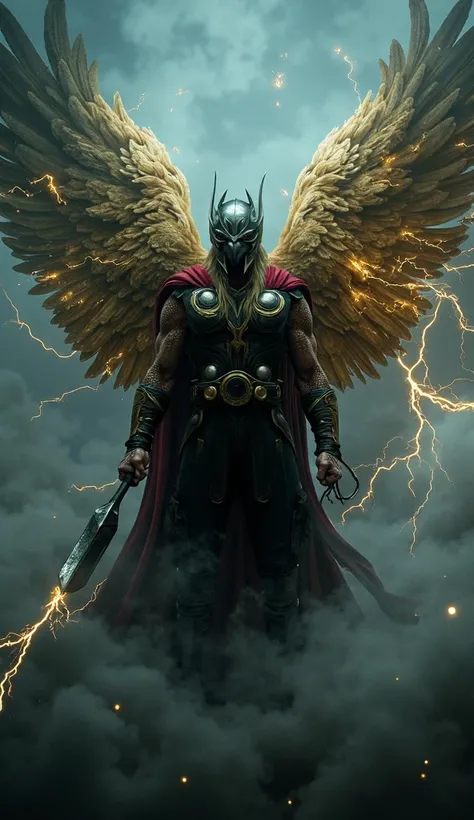 A powerful fusion of Thor and a falcon, where Thor’s muscular figure is combined with sleek falcon wings. The hybrid wields Mjolnir, surrounded by storm clouds, with sharp talons and golden feathers crackling with lightning, representing the speed and fury...