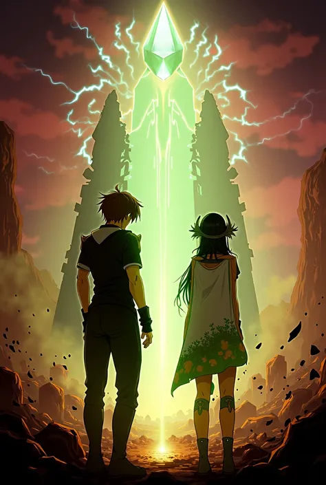 An intense anime-style post-apocalyptic scene showcasing two main characters standing amidst the ruins of a shattered futuristic city. The male protagonist, Kian, stands tall at the forefront. He has short, slightly messy dark brown hair with faint golden ...