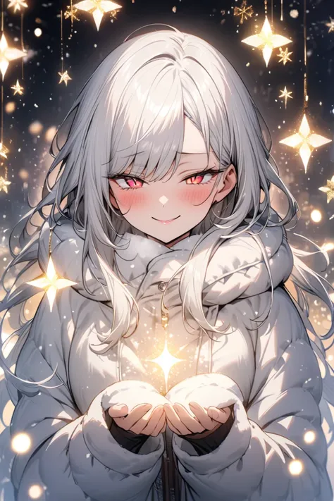 a woman, beautiful、Silver long hair, beauty、swept bangs、Crimson Eyes、slant eyes、Wide Eyes、 whole body、a woman gazing at illuminations, The woman is wearing warm coats, blush, smug, admire the brilliance of the lights, The background features sparkling ligh...