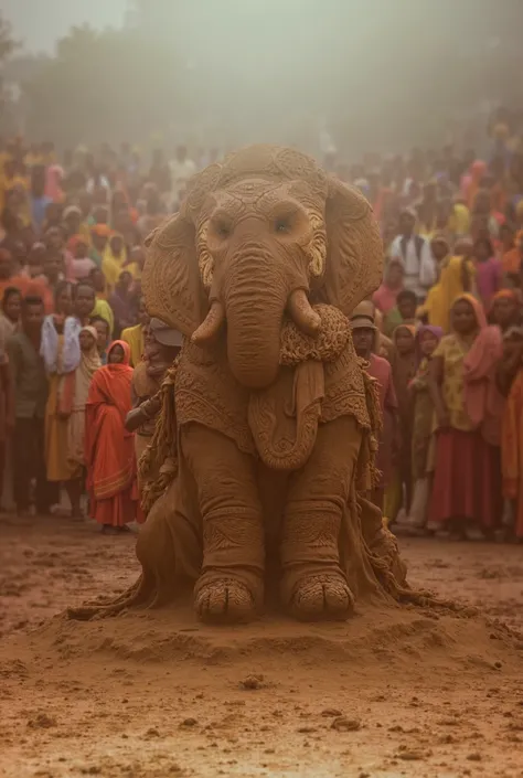 A Indian poor woman is making big elephant out of clay flower people are waiting 