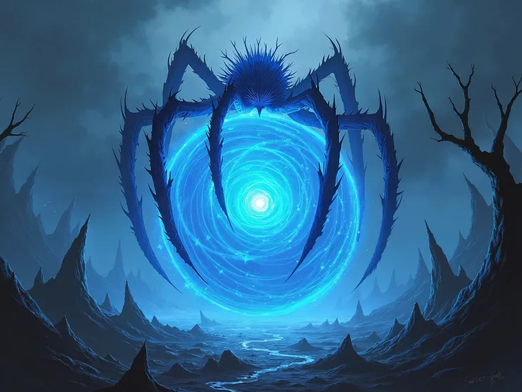 Generate a gigantic blue energy sphere ,  and an 8-legged thorn creature on top of the sphere absorbing the sphere, in a landscape full of thorns, vortex of mana being sucked 