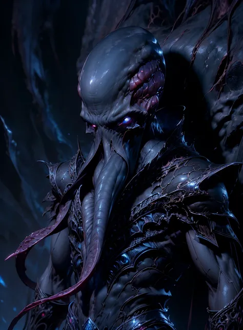 (masterpiece, realistic, best quality, (beautiful and aesthetic:1.4), highest detailed), (dark fantasy illustration:1.3), ((male mindflayer:1.2), tentacles, monster, alien, muscular), (dark blue theme:1.3), dimly lit, looking at viewer, (full shot), the em...