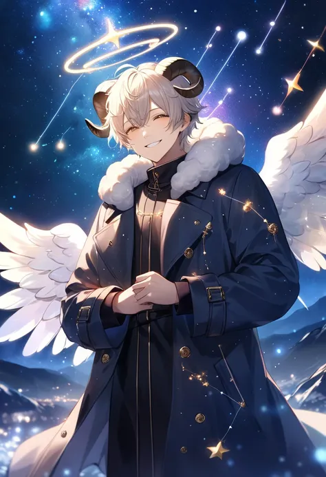 (masterpiece, best quality:1.1),An angel with sheeps horns. He wears a woolen coat and has angel wings on his back. nihil smile, The constellation Aries shines in the starry sky in the background. atmosphere is magical and exciting, with glowing lights and...