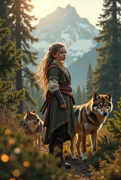 A  European girl adventurer, dressed in a medieval-inspired costume adorned with intricate embroidery and leather belts, stands on a forest path surrounded by evergreen trees. Two majestic wolves with eyes that seem to hold ancient wisdom surround her prot...