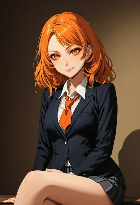 1chica, Alone, sitting,  masterpiece,  school uniform,  professional artwork ,  Famous artwork , Perfect face,  orange hair , (orange eyes: 1), Beautiful face,  evil smile , (( perfect female body ,  narrow waist)), belly