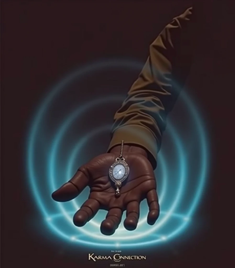 Illustrate a minimalist movie poster with the hand of a khaki-uniformed Indian police officer, palm open, clearly showing its palm lines. The hand holds a glowing locket from its fingers, suspended mid-air and radiating intense magical energy in concentric...