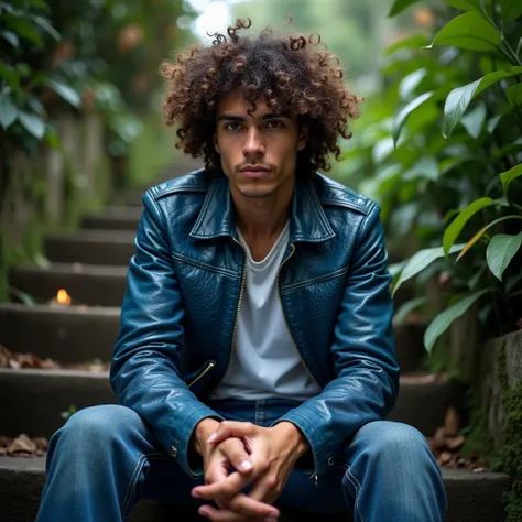  young guy  (curly - with strong-willed features )  sits on the steps in a blue leather alligator jacket with a large texture and an alligator-albenos , white t-shirt and wide jeans ,  fire, hands lie with their wrists on their knees closer to the camera -...