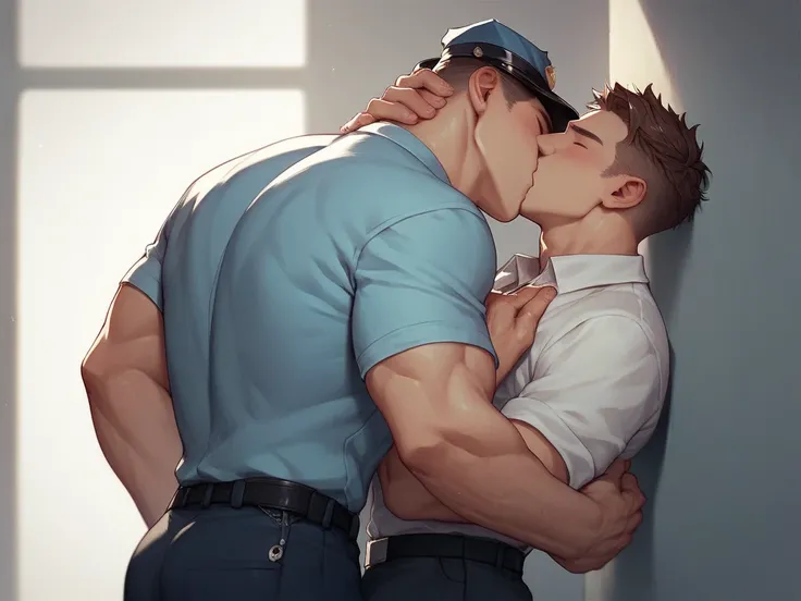 Muscular male, wearing a Office shirt, leaning on the wall, Kissing with a Police male