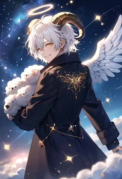 (masterpiece, best quality:1.1),(An angel with sheeps horns). white hair, He wears a woolen coat and has angel wings on his back. nihil smile, The constellation Aries shines in the starry sky in the background. atmosphere is magical and exciting, with glow...