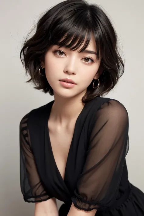 Mannish extra short haircut, Wavy Hair, parted bangs, black hair, Pleased, face up, resort