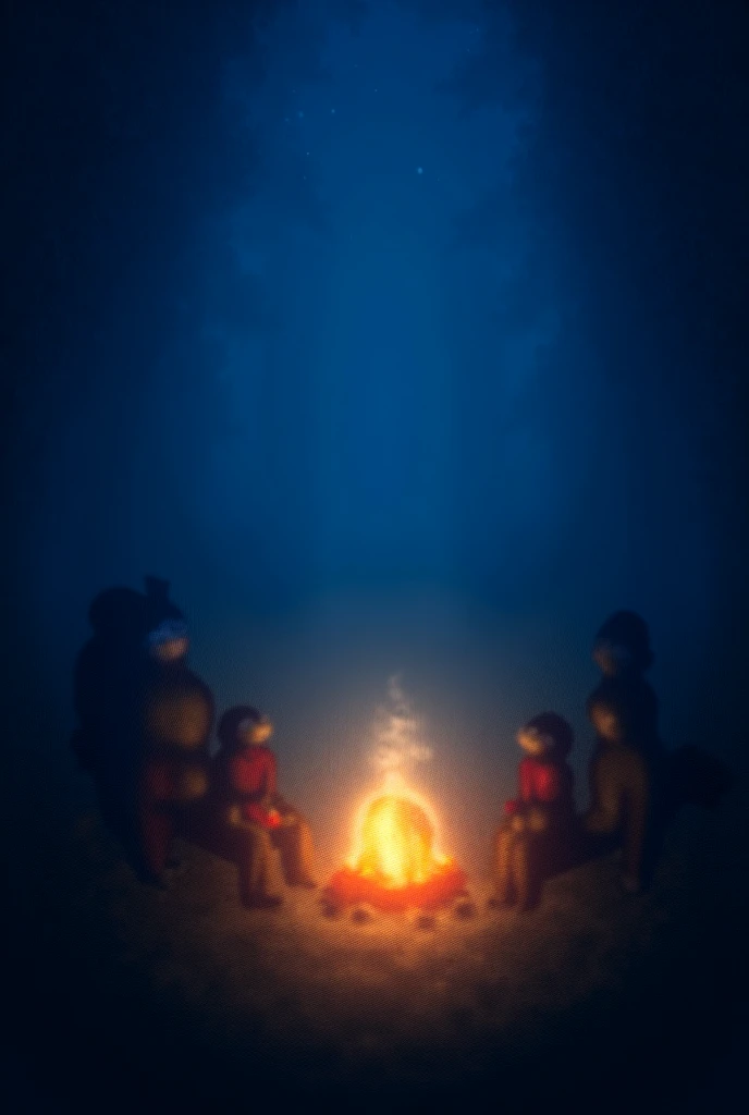 4 people sitting near campfire in forest at night