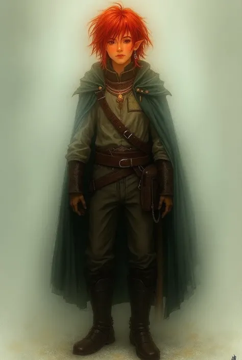 A tall young half-elf with a normal build. Dark red hair was gathered in a sloppy tail knee-length .   His eyes were golden in color that glowed when light hit them .  His ears were not very pointed and had silver-colored earrings .  His clothes were dress...