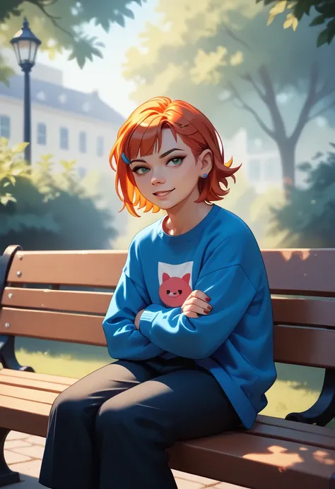 style realist, style Gwen Tennyson, anime girl with red hair sitting on a bench in a park