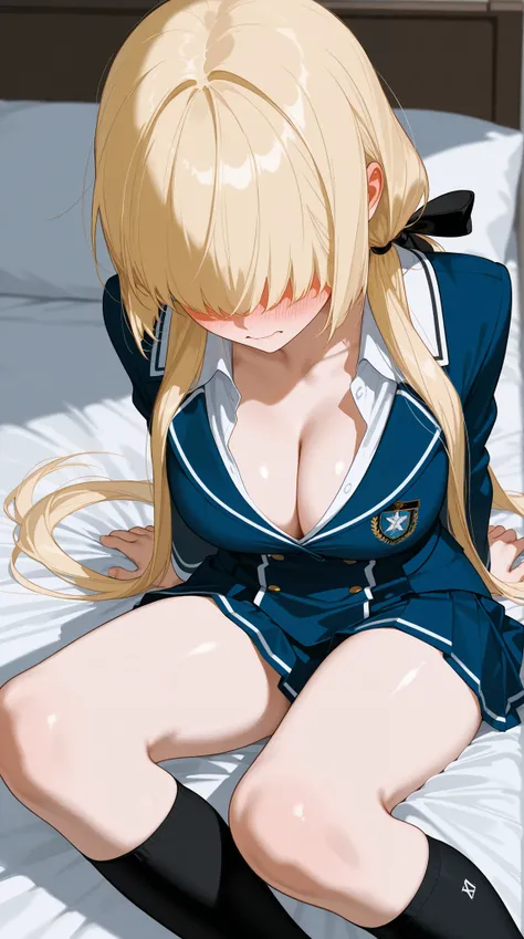 8k high resolution ( super detailed ), masterpiece, ( top quality )　 animated illustration where the face is covered　 detailed eyes,  detailed face 　 detailed hands 　Fine hair　 very elaborate body、 fine skin 　  One Girl 　 High School Student Uniforms　Blond...