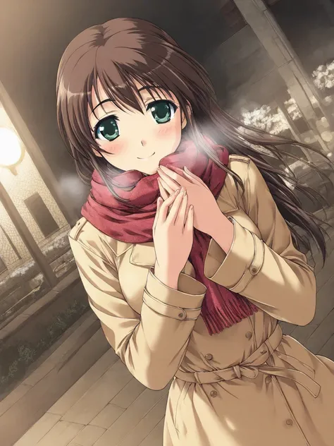 masterpiece, best quality, HinomoriAzusa, 1girl, solo, brown hair, long hair, green eyes, medium breasts,   smile, happy, blush, Trench Coat and Scarf, Cute and warm clothes, cold winter night, cinematic angle,