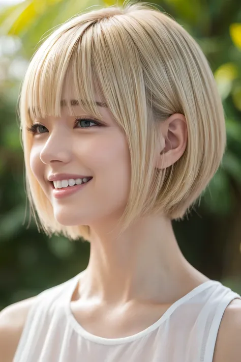 Mannish extra short haircut, Straight Hair, short bangs, ash blonde hair, big laugh, face up, resort