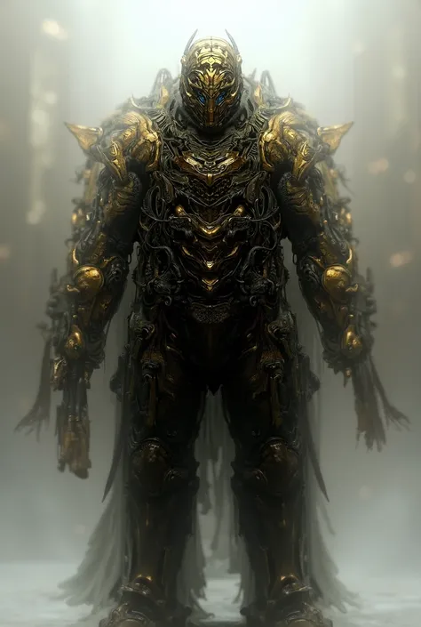 A full body shot of a fictional man in a futuristic armored suit, facing the camera, holding a futuristic weapon. The suit is mostly gold and black with wing and has many mechanical parts and wires. The background is an urban setting. The man seems to be r...