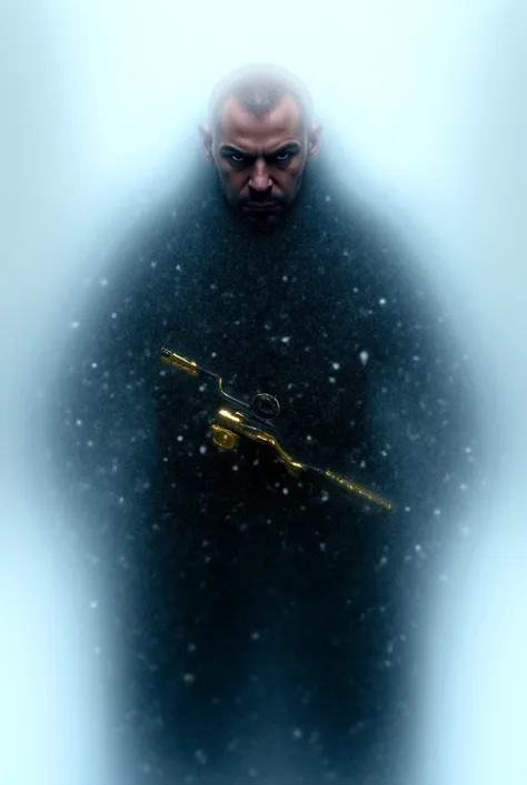 a bottle of vodka in one hand and a gold-plated AK-47 in the other, standing in the snowy streets of Moscow. His bald head gleams against the cold backdrop