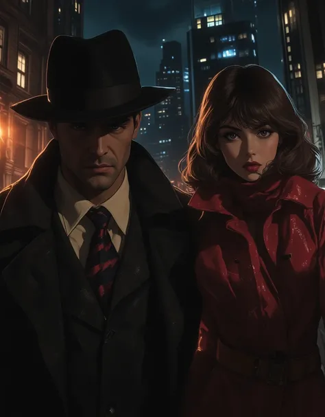 Film Noir, Pulp Fiction, Trapped Detective Story Magazine,  (hard-boiled male, Mysterious woman with a red scarf around her neck), (modern big city), (high contrast and emphasized shadows, Stylish and gloomy visual expression), (crime, suspense), The paint...