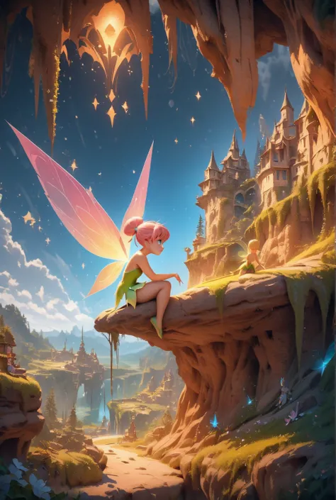 Stunning macro photograph that captures a tiny,
 (cute and delicate Tinker Bell fairy),(blonde and pink hair),(blue eyes), emanates an enchanting aura,
perched delicately on a fingertip, seemingly eager to take flight.(The fairy), glowing wings and intrica...