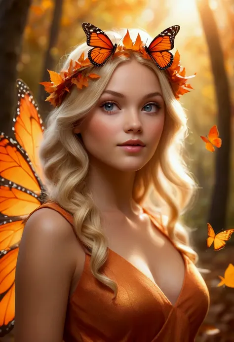 Autumn fairy Beautiful  girl, , blonde hair, leaf crown, orange butterfly wings, orange dress, forest background, falling leaves, magical glow, soft focus, warm colors, fantasy, whimsical, detailed, otherworldly lighting, photorealisticphotography, Canon E...