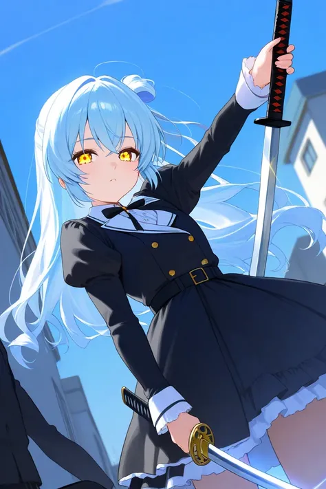 Anime lolita girl long blue sky hair and transparent gold eyes, black dress, black coach, katana