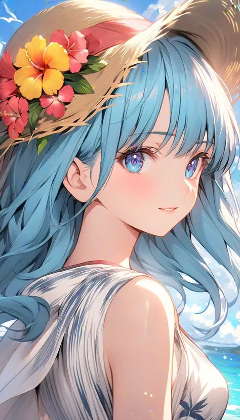 (masterpiece, Highest_quality), CG、Unity、 very familiar with 8K wallpapers , wonderful_ are you alright _shape, Break 1 Girl , Portrait of a cute anime girl with long blue hair wearing a straw hat ,  small breasts, (Glamorous expression ),  blue eyes,  Ani...